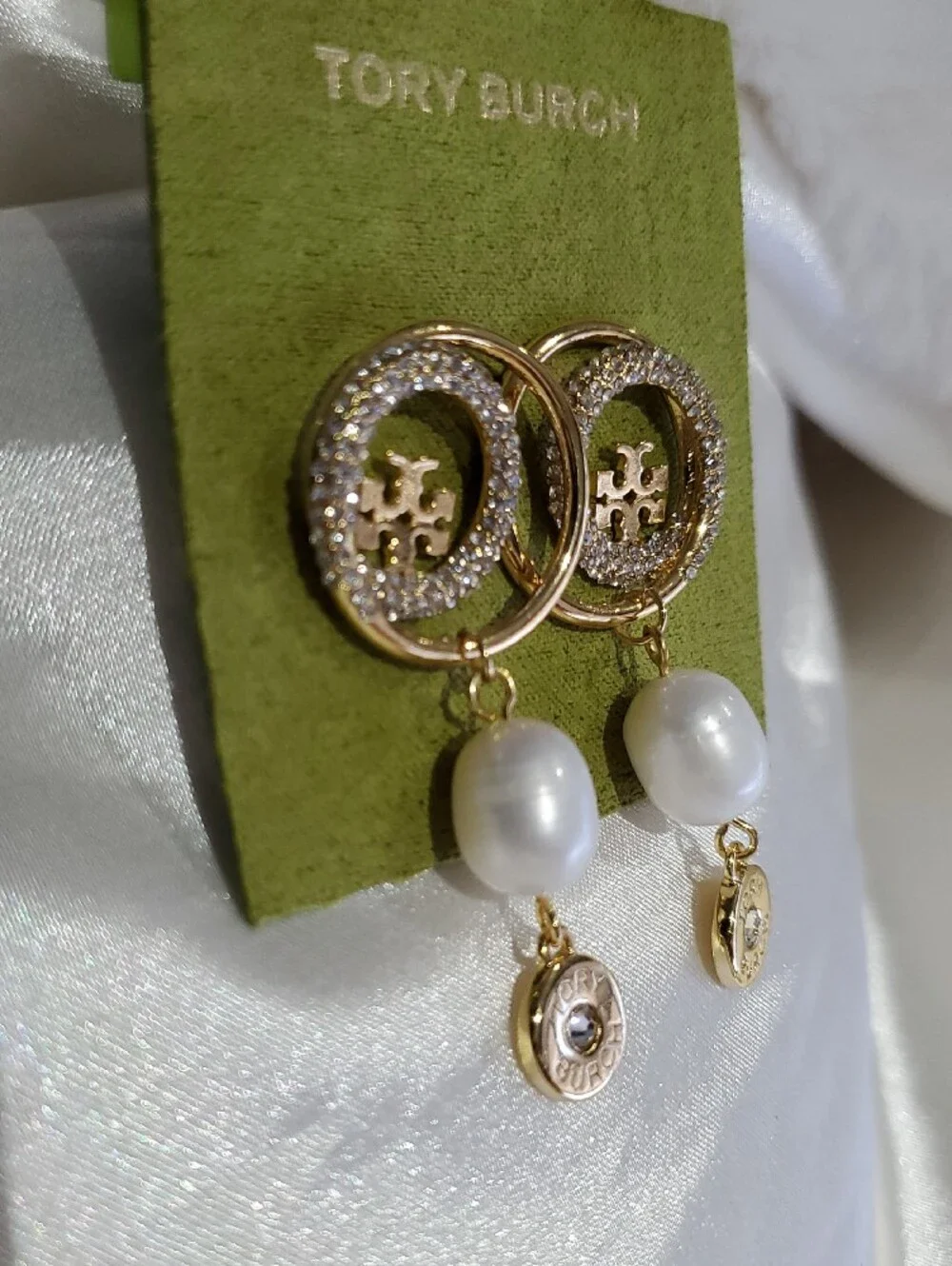 Tory Burch Gold-tone Crystal & Pearl Drop Earrings Dressy Fancy Classy Girlie